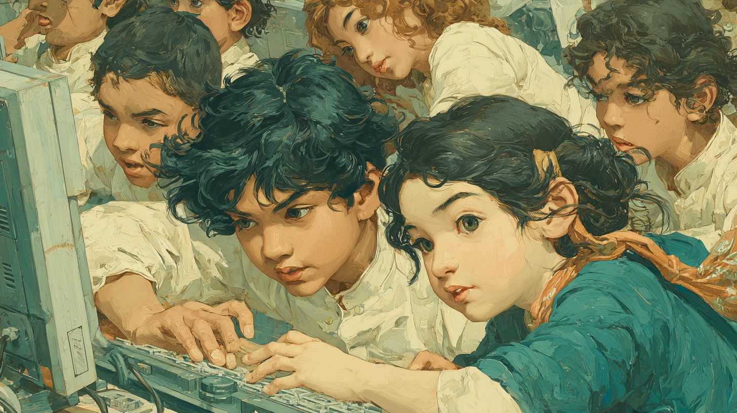 A child learning Tamil beneath a glowing palmyra tree — ancient roots, modern light — Art Nouveau illustration