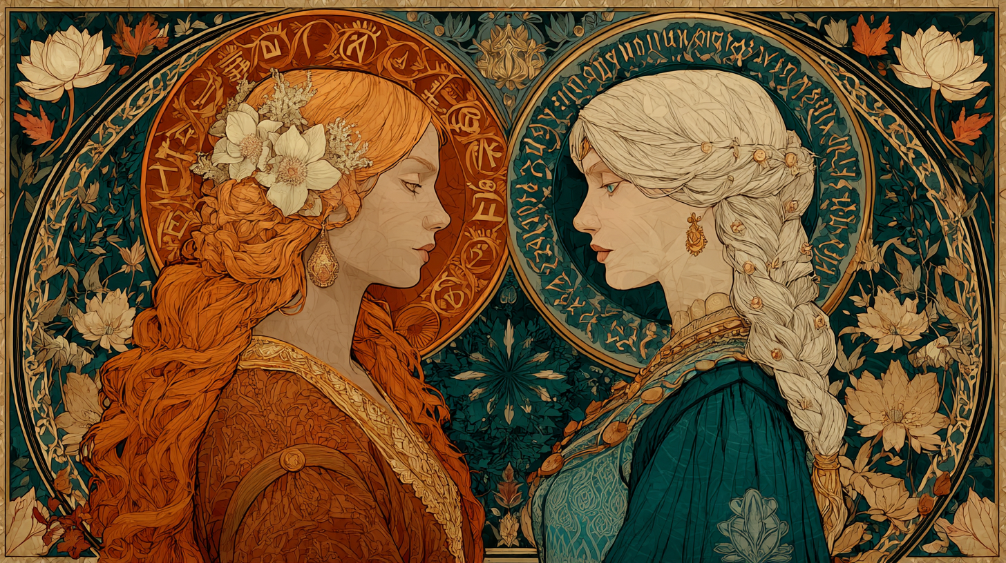 Tamil and Finnish — The Outsiders' Club, Art Nouveau illustration in the style of Alphonse Mucha