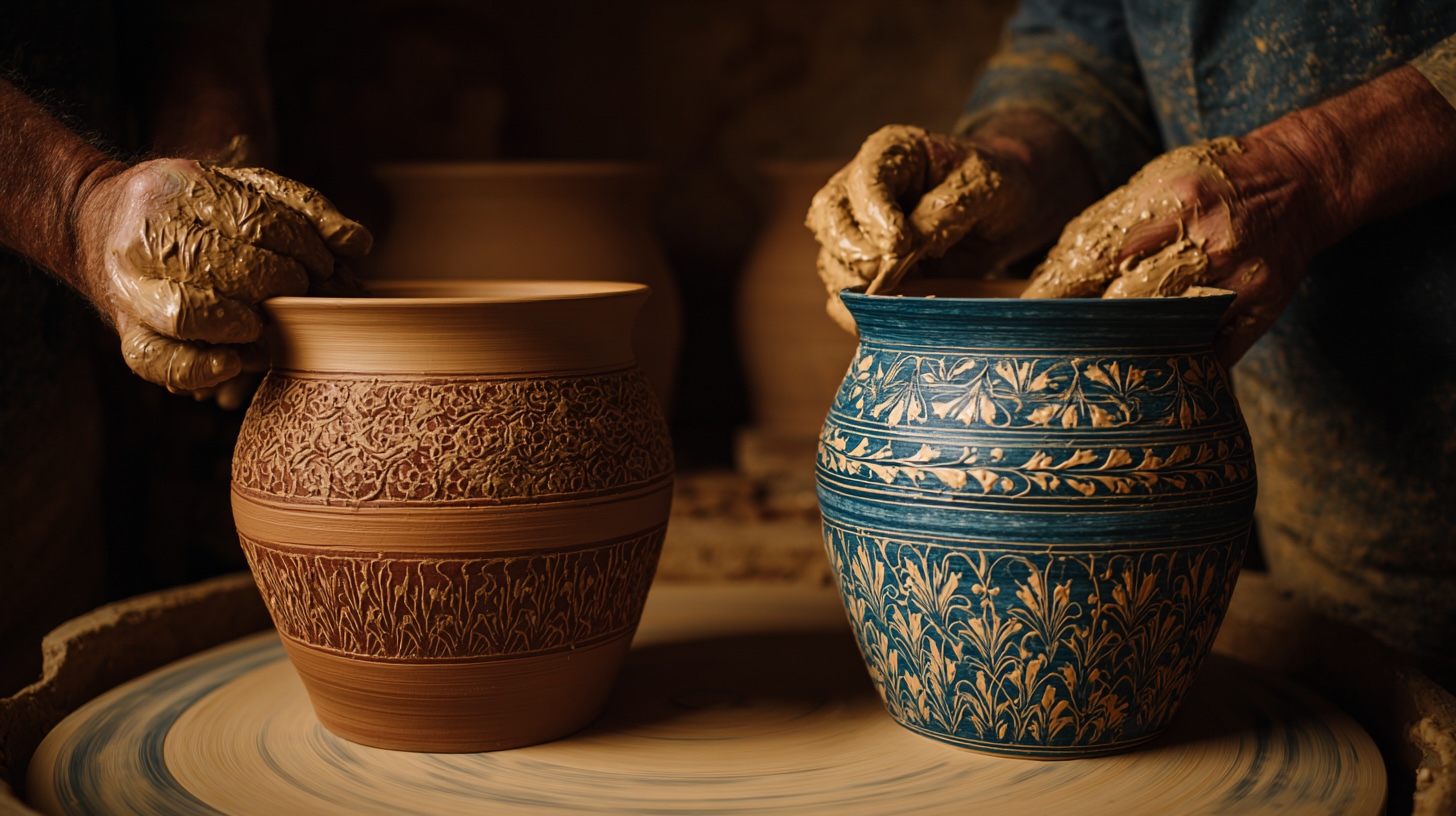 Two potters' wheels bearing identical vessels — one Tamil terracotta with Kolam patterns, one Turkish Iznik ceramic with tulip motifs — rendered in Art Nouveau style