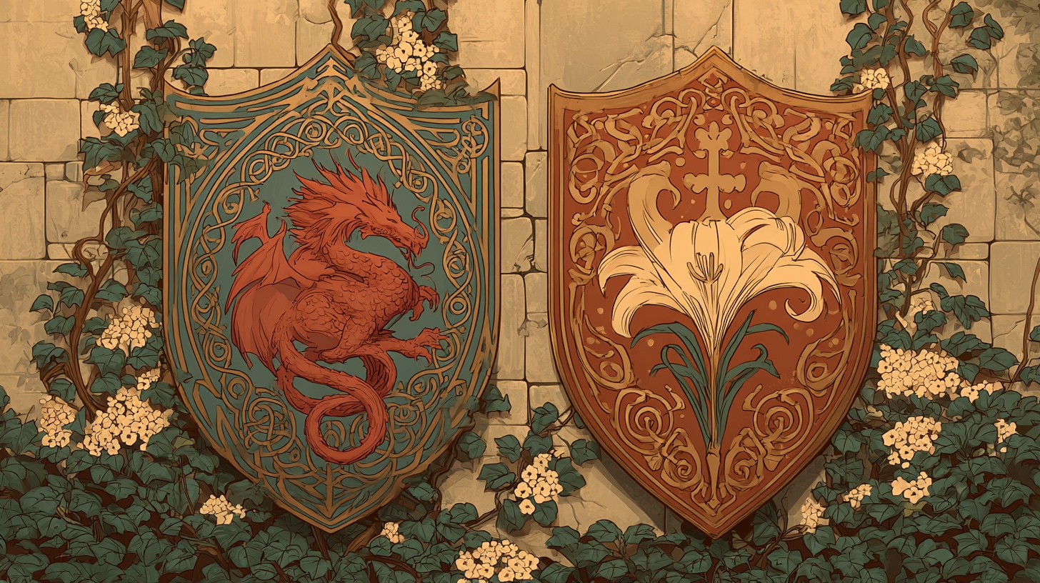 Two shields side by side — a red dragon and a tiger lily — rendered in Art Nouveau style, symbolising Tamil and Welsh as language warriors