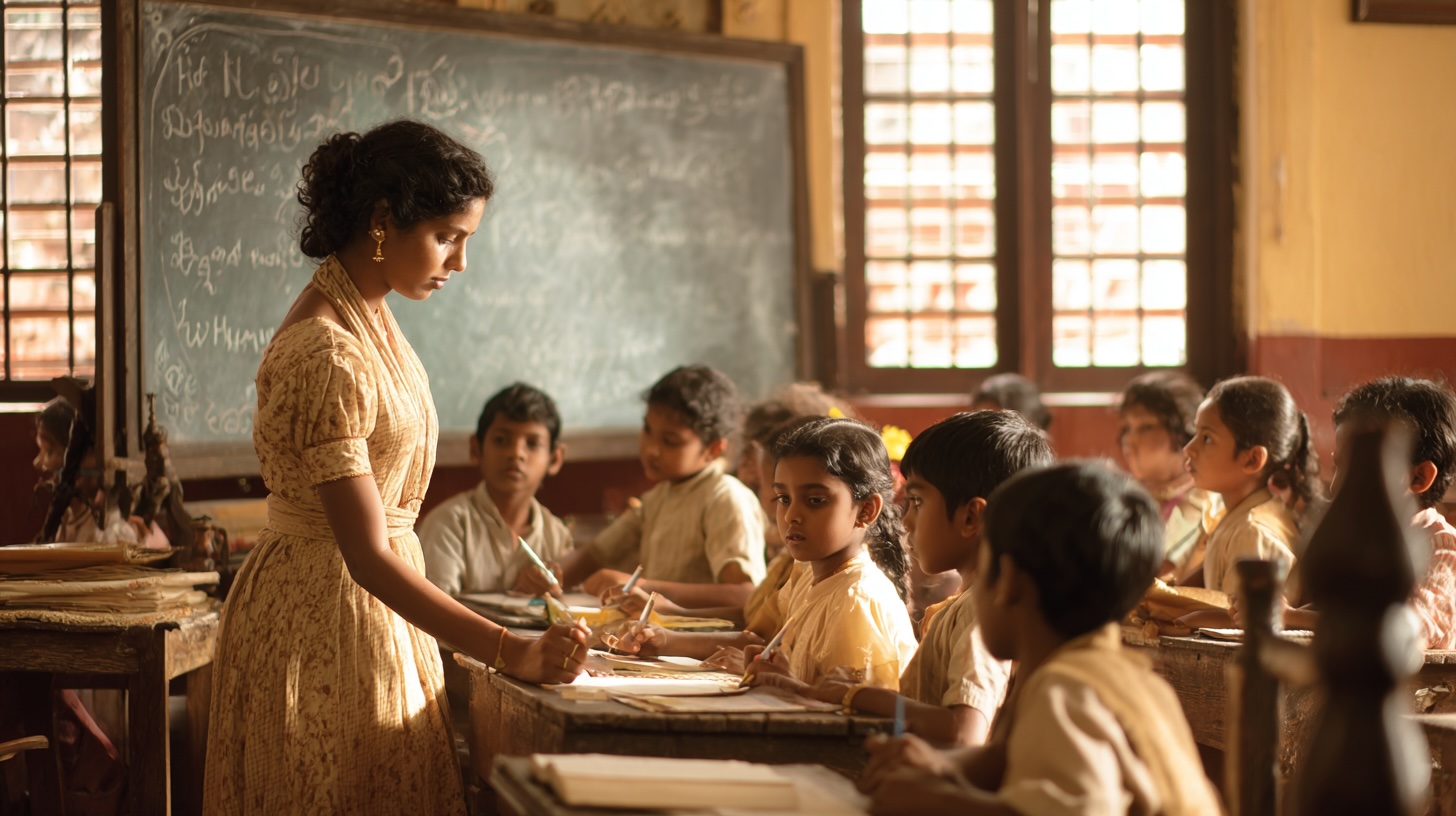 Tamil curriculum for diaspora Saturday schools — children learning Tamil script in a community classroom