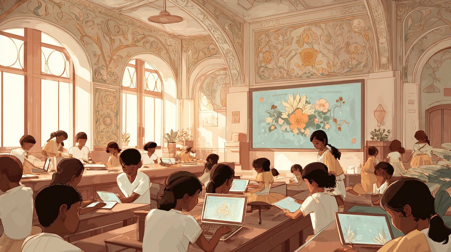 Tamil digital learning in 2026 — students engaging with Thambaa Tamil Labs in a technology-powered classroom