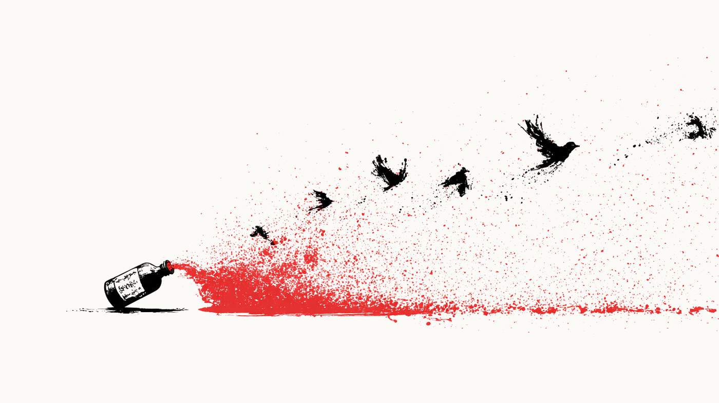 An ink bottle tipping over, the spilled ink becoming a flock of birds