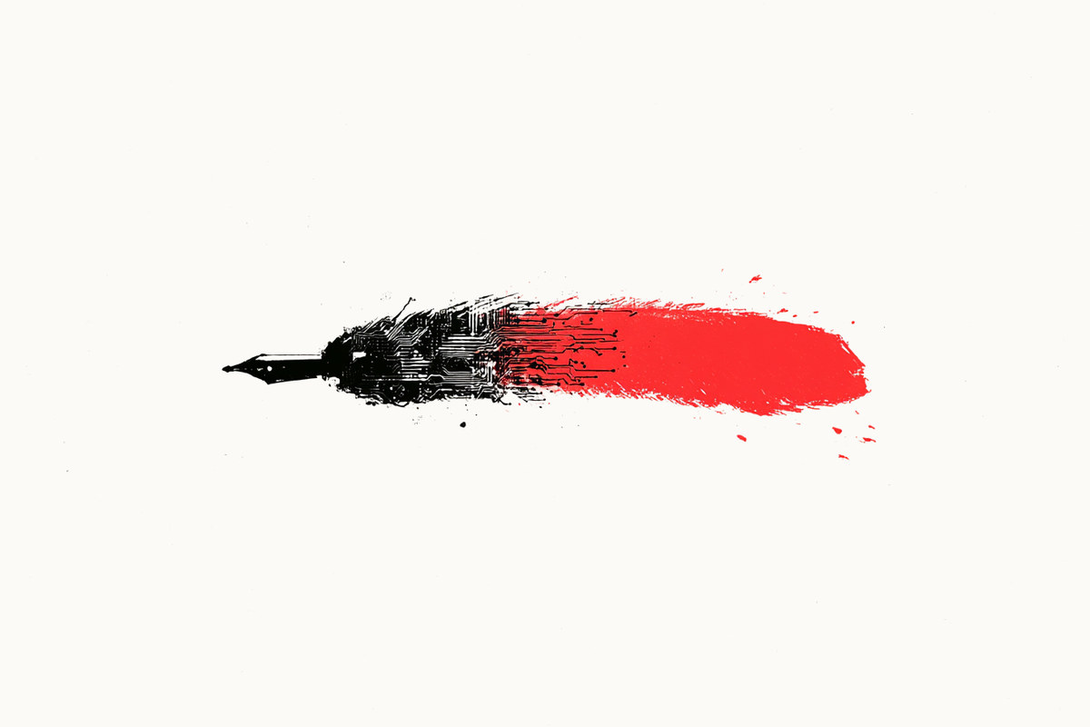 A quill pen merging with a circuit board into one brush stroke