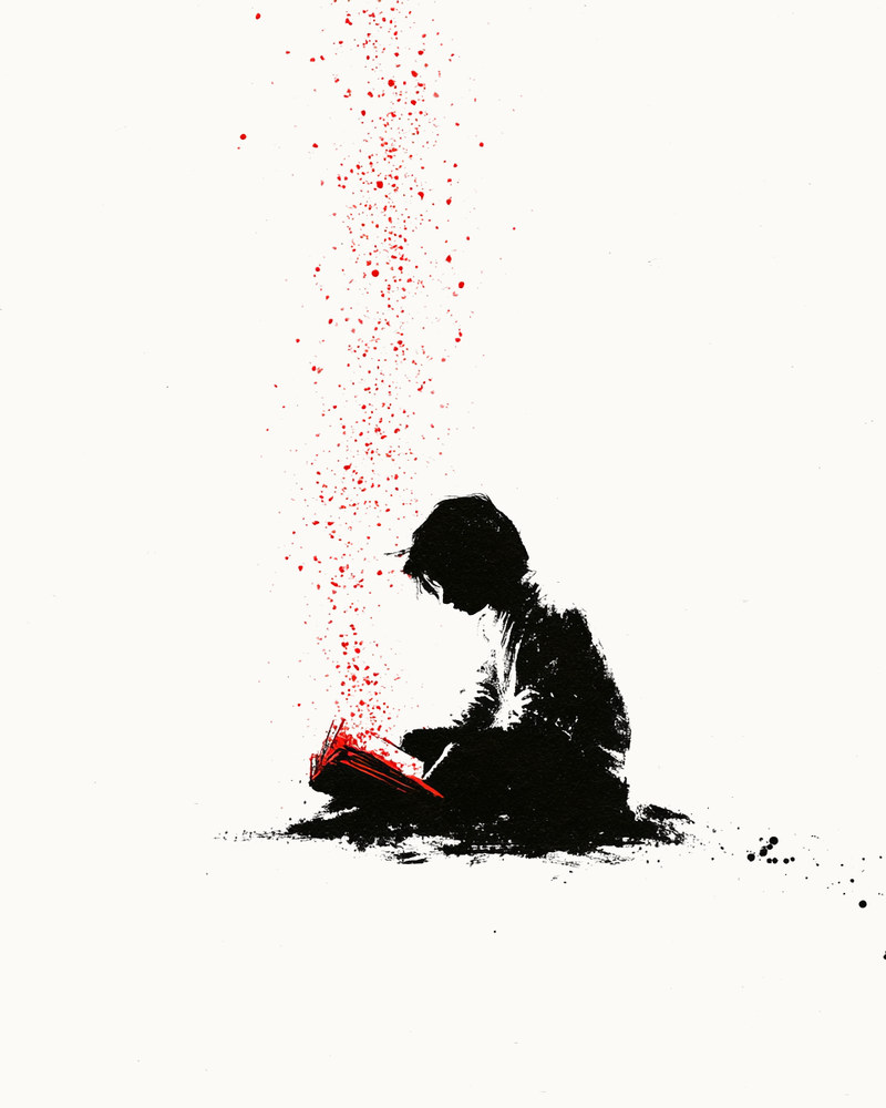 A student reading, ink rising from the page like fireflies