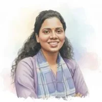 A watercolour portrait of Sandhiya